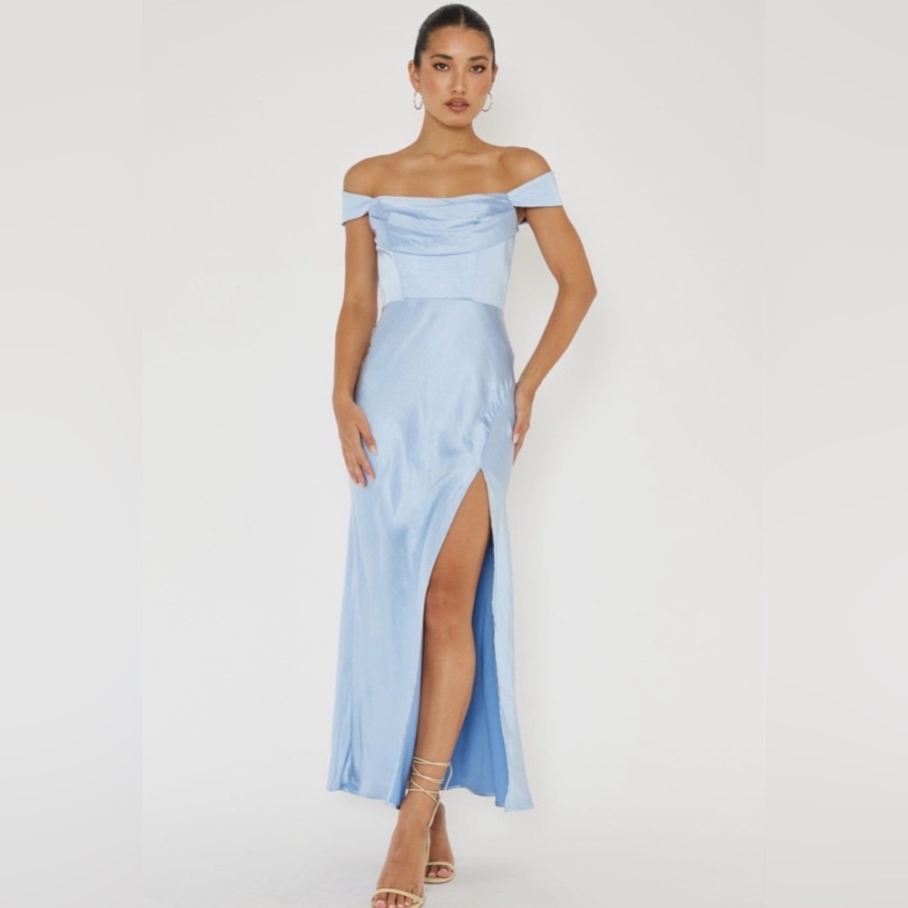 Selfie Leslie Light Baby Blue Satin Lucinda Off-Shoulder V-Back Dress Medium 6